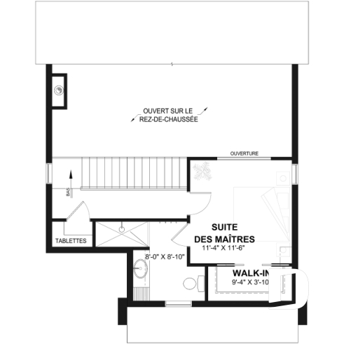Étage - Plan de maison Scandinave éco-responsable, suite des maîtres sur mezzanine, vestiaire et garde-manger - Havre
