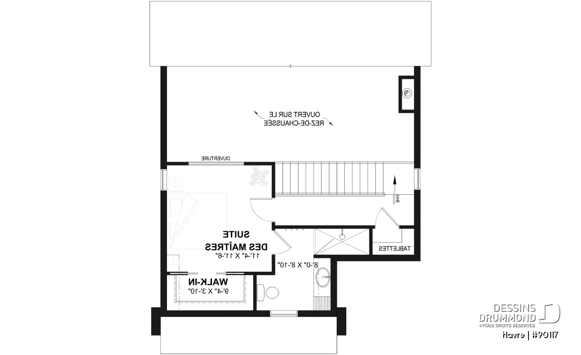 Étage - Plan de maison Scandinave éco-responsable, suite des maîtres sur mezzanine, vestiaire et garde-manger - Havre