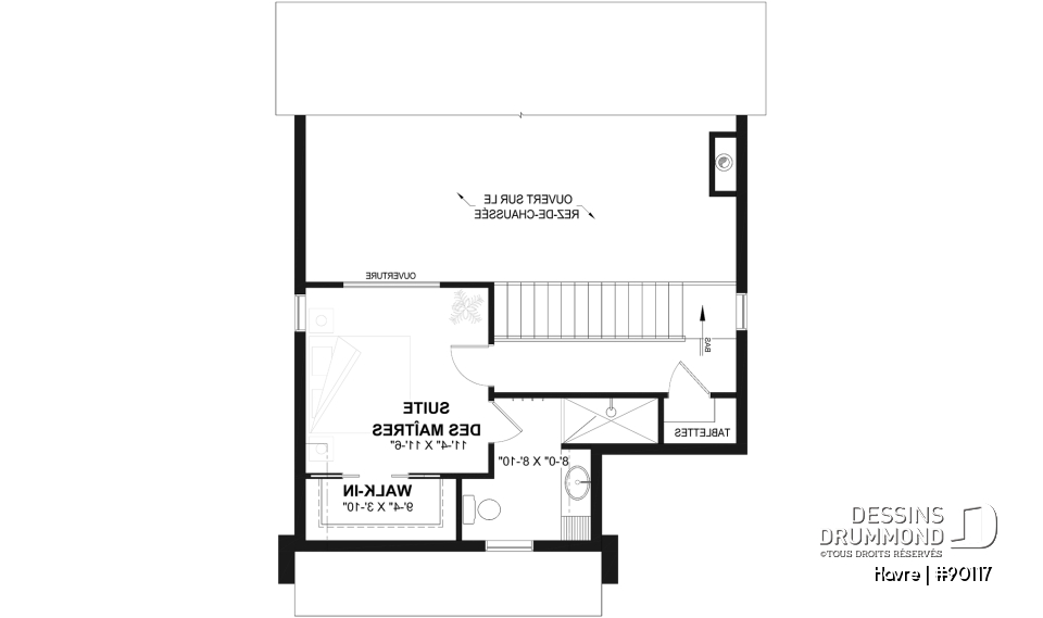 Étage - Plan de maison Scandinave éco-responsable, suite des maîtres sur mezzanine, vestiaire et garde-manger - Havre