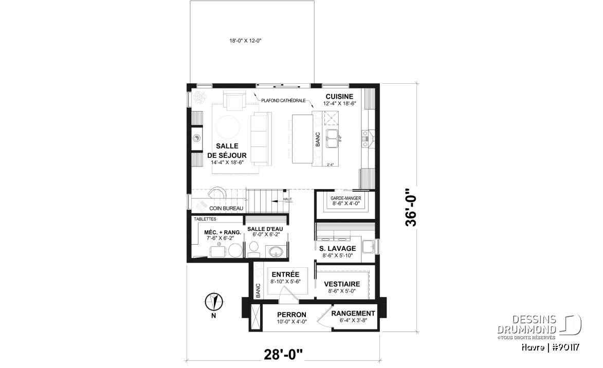 Rez-de-chaussée - Plan de maison Scandinave éco-responsable, suite des maîtres sur mezzanine, vestiaire et garde-manger - Havre
