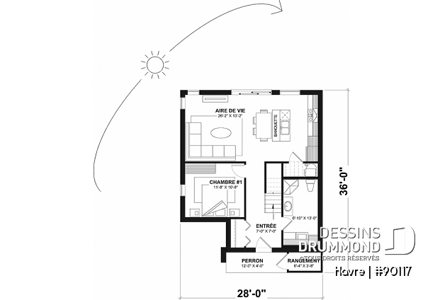 Rez-de-chaussée - Plan de maison écologique avec une chambre, belle lumière naturelle à l'arrière et mezzanine à l'étage - Havre