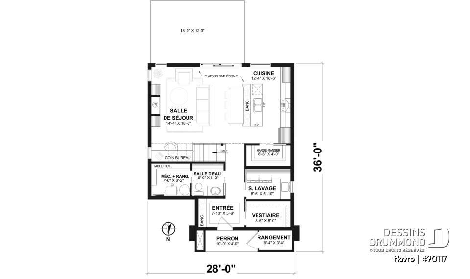 Rez-de-chaussée - Plan de maison Scandinave éco-responsable, suite des maîtres sur mezzanine, vestiaire et garde-manger - Havre