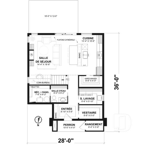 Rez-de-chaussée - Plan de maison Scandinave éco-responsable, suite des maîtres sur mezzanine, vestiaire et garde-manger - Havre