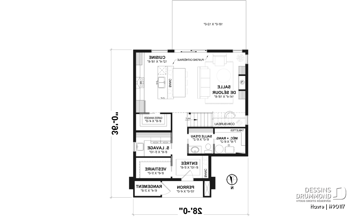 Rez-de-chaussée - Plan de maison Scandinave éco-responsable, suite des maîtres sur mezzanine, vestiaire et garde-manger - Havre