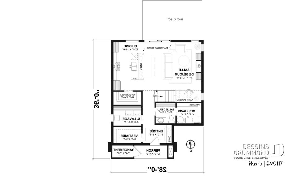 Rez-de-chaussée - Plan de maison Scandinave éco-responsable, suite des maîtres sur mezzanine, vestiaire et garde-manger - Havre