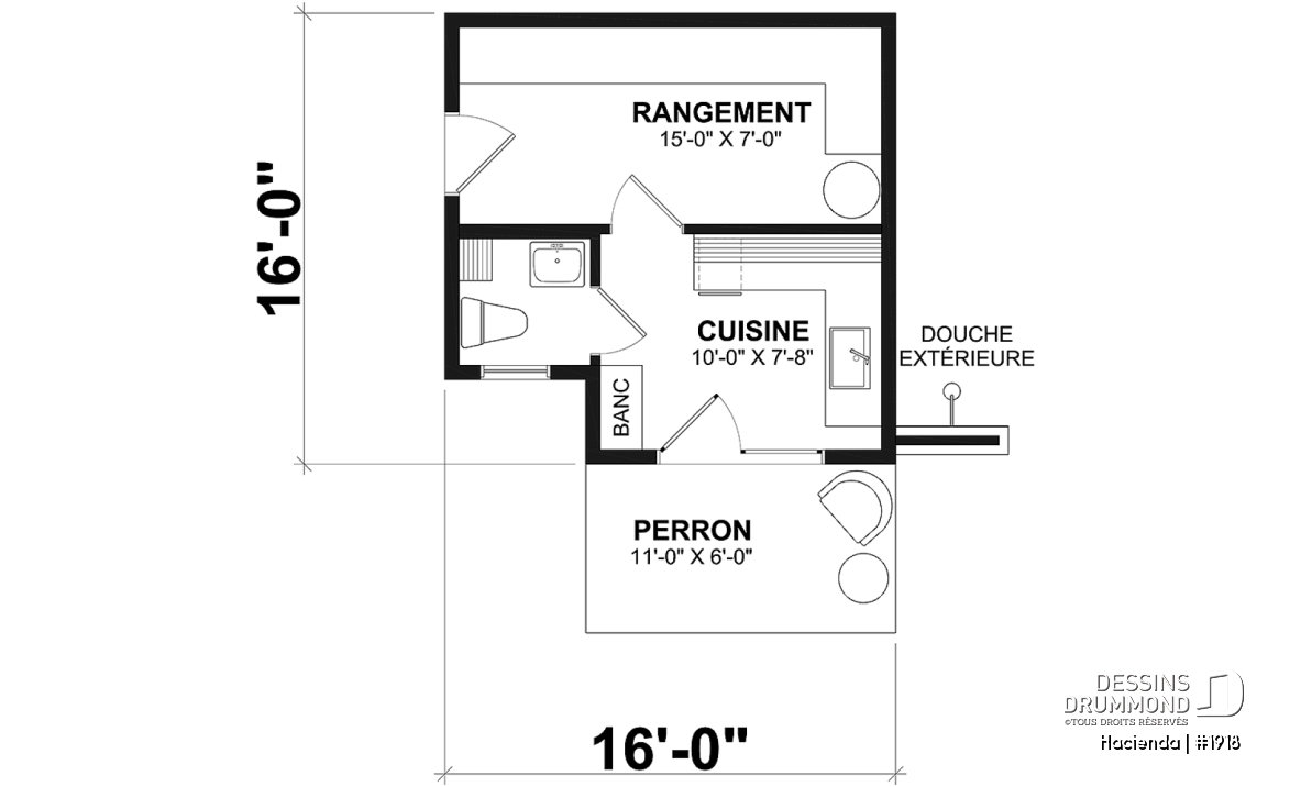 Rez-de-chaussée - Modèle de pavillon de jardin, cuisine intérieure, salle de d'eau, rangement intérieur et douche extérieure - Hacienda