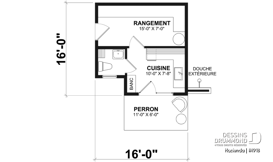 Rez-de-chaussée - Modèle de pavillon de jardin, cuisine intérieure, salle de d'eau, rangement intérieur et douche extérieure - Hacienda