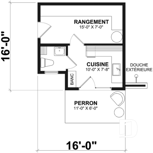 Rez-de-chaussée - Modèle de pavillon de jardin, cuisine intérieure, salle de d'eau, rangement intérieur et douche extérieure - Hacienda
