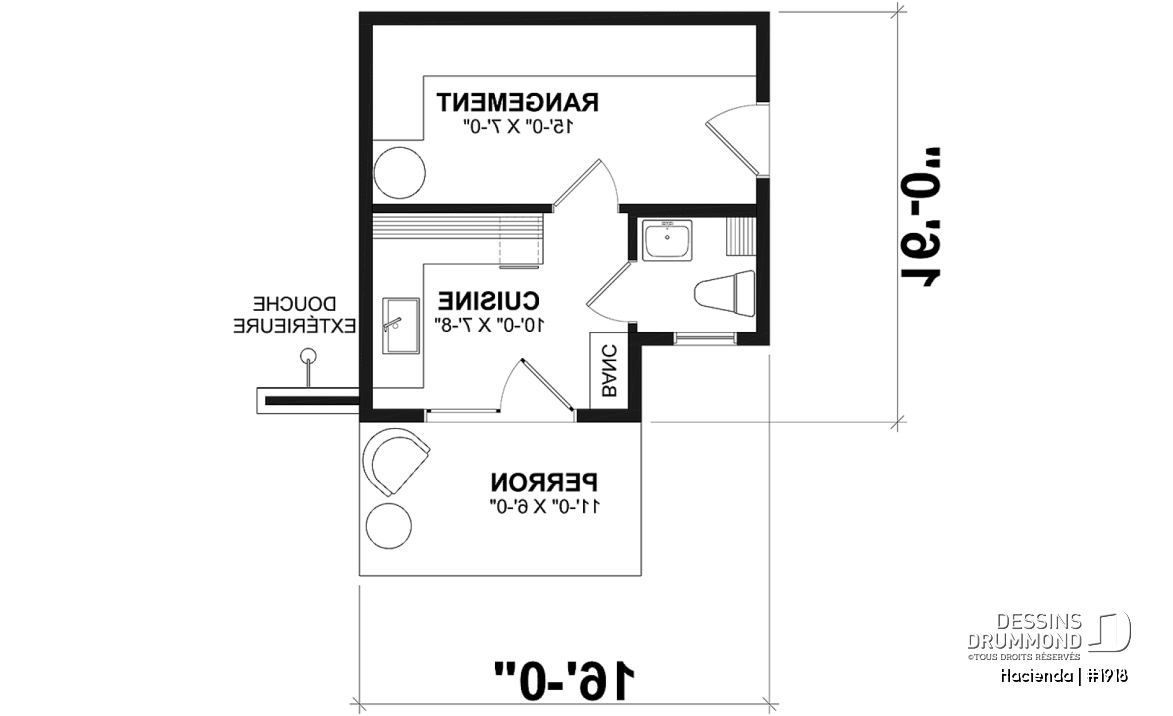 Rez-de-chaussée - Modèle de pavillon de jardin, cuisine intérieure, salle de d'eau, rangement intérieur et douche extérieure - Hacienda
