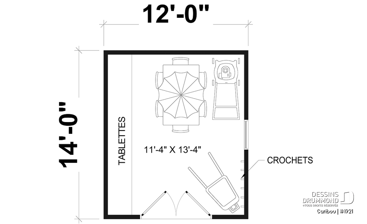 Rez-de-chaussée - Plan de cabanon ou remise avec coin tablettes et crochets pour un rangement maximal - Caribou