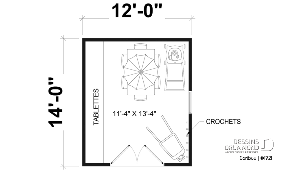 Rez-de-chaussée - Plan de cabanon ou remise avec coin tablettes et crochets pour un rangement maximal - Caribou