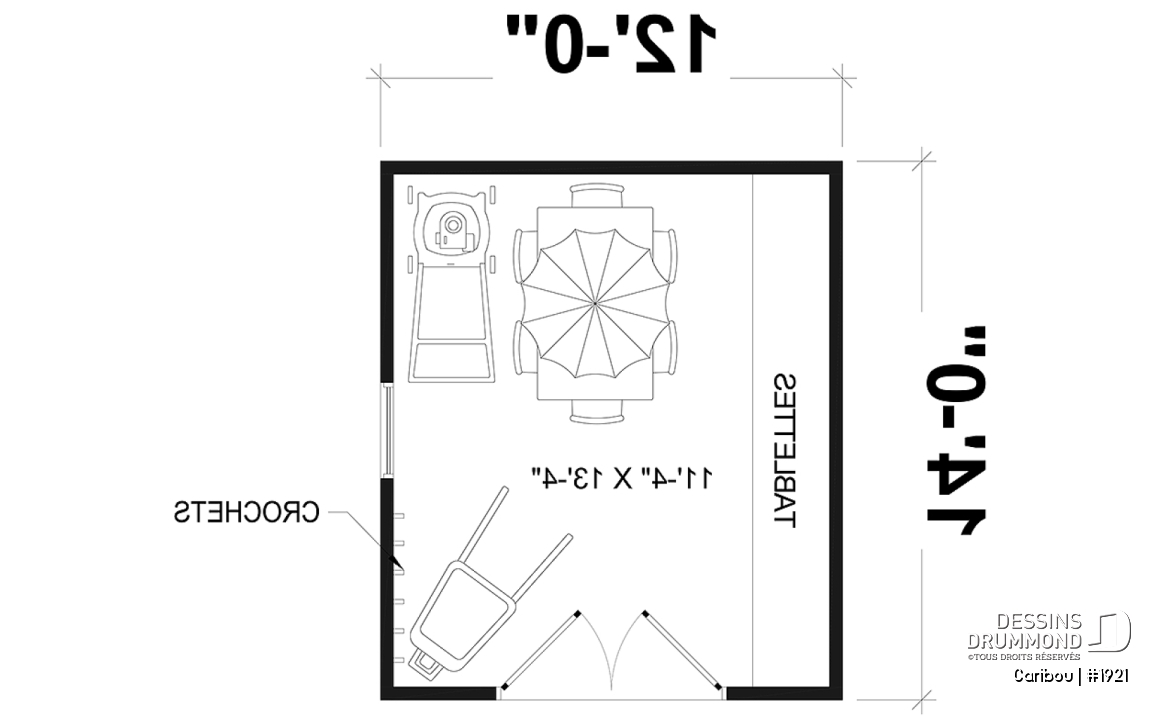 Rez-de-chaussée - Plan de cabanon ou remise avec coin tablettes et crochets pour un rangement maximal - Caribou