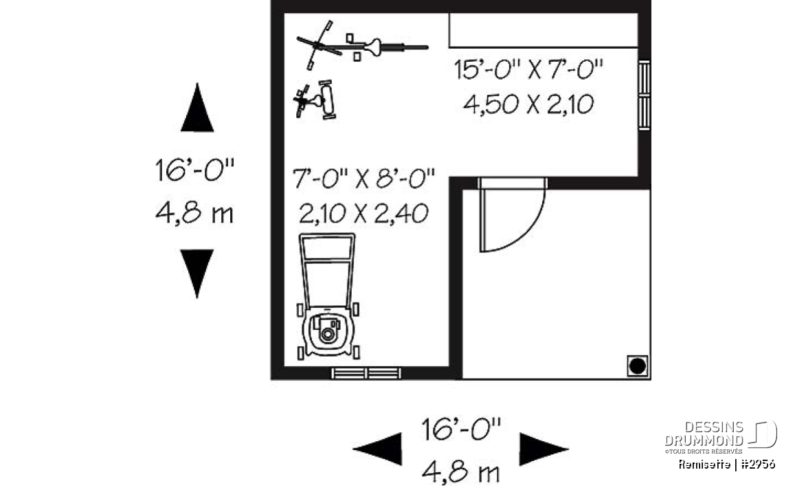 Rez-de-chaussée - Plan de remise 16pi x 16pi pour rangement articles de sport et de jardinage - Remisette