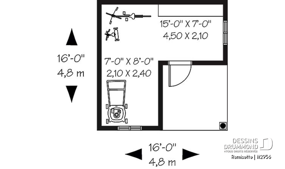 Rez-de-chaussée - Plan de remise 16pi x 16pi pour rangement articles de sport et de jardinage - Remisette