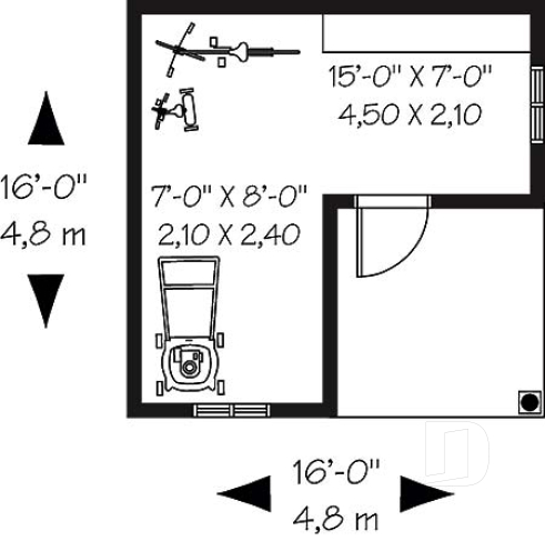 Rez-de-chaussée - Plan de remise 16pi x 16pi pour rangement articles de sport et de jardinage - Remisette