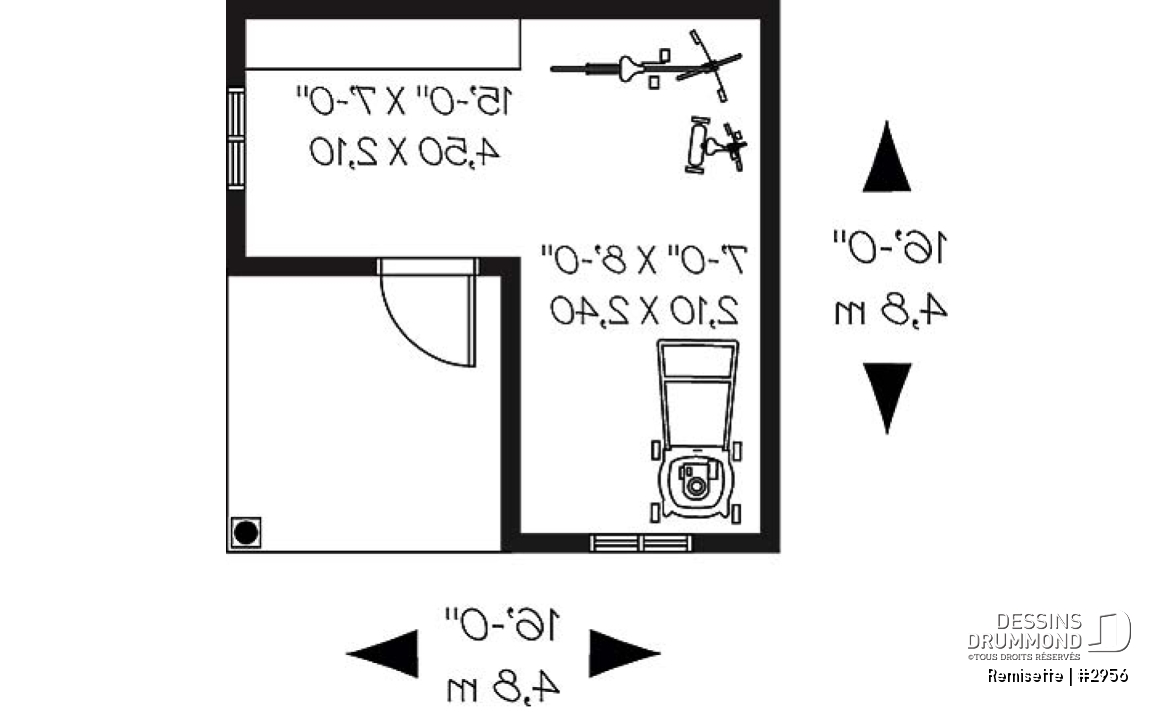 Rez-de-chaussée - Plan de remise 16pi x 16pi pour rangement articles de sport et de jardinage - Remisette