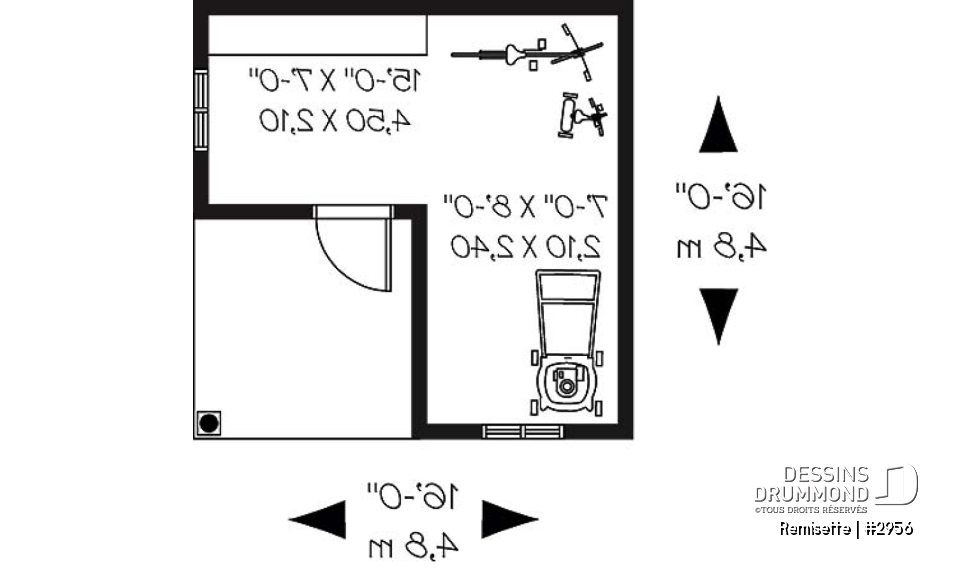 Rez-de-chaussée - Plan de remise 16pi x 16pi pour rangement articles de sport et de jardinage - Remisette