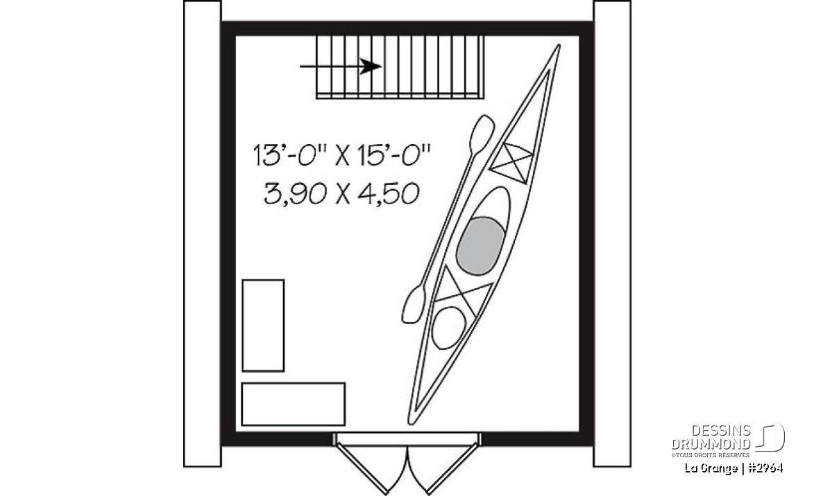Étage - Plan de remise style grange, avec rangement à l'étage accessible par escalier - La Grange