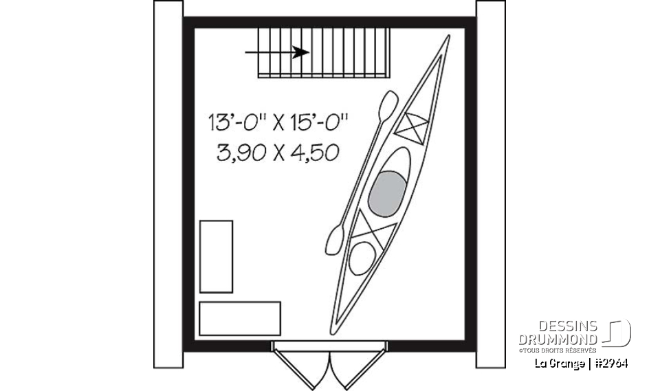 Étage - Plan de remise style grange, avec rangement à l'étage accessible par escalier - La Grange
