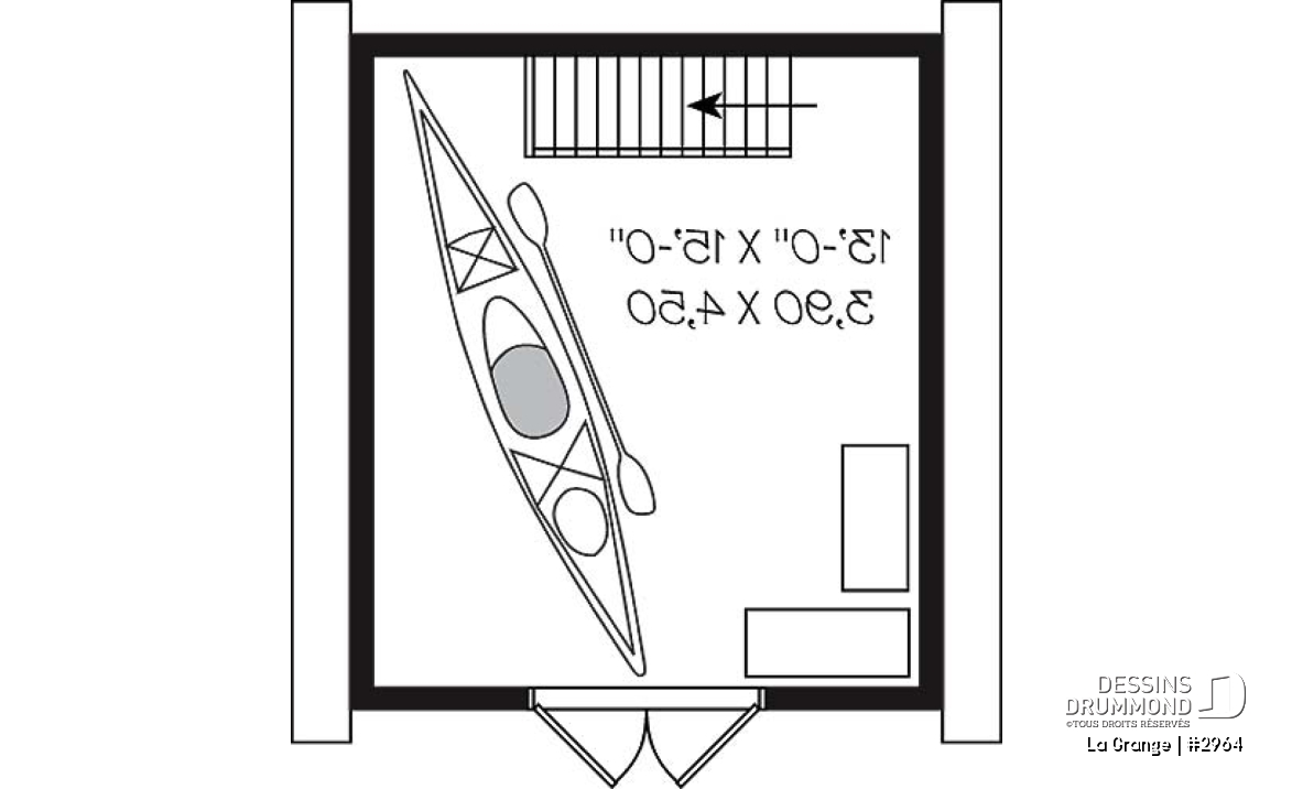 Étage - Plan de remise style grange, avec rangement à l'étage accessible par escalier - La Grange