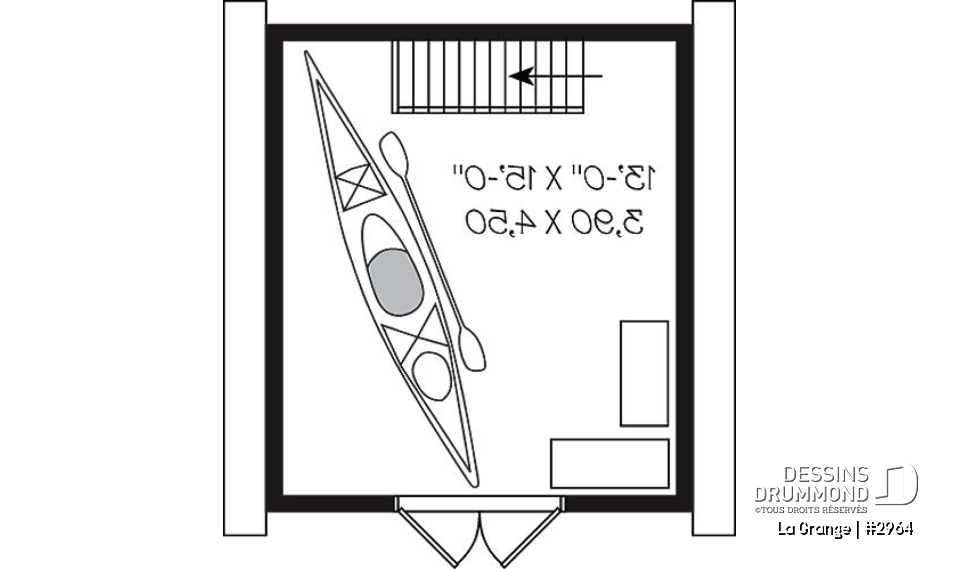 Étage - Plan de remise style grange, avec rangement à l'étage accessible par escalier - La Grange