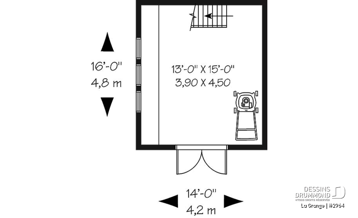 Rez-de-chaussée - Plan de remise style grange, avec rangement à l'étage accessible par escalier - La Grange
