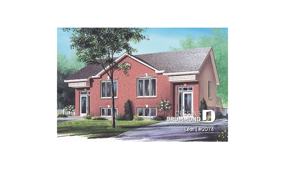 Vue avant - MODÈLE DE BASE - Plan de maison jumelée 3 chambres, buanderie au rdc,, salle familiale spacieuse, îlot à la cuisine - Léon