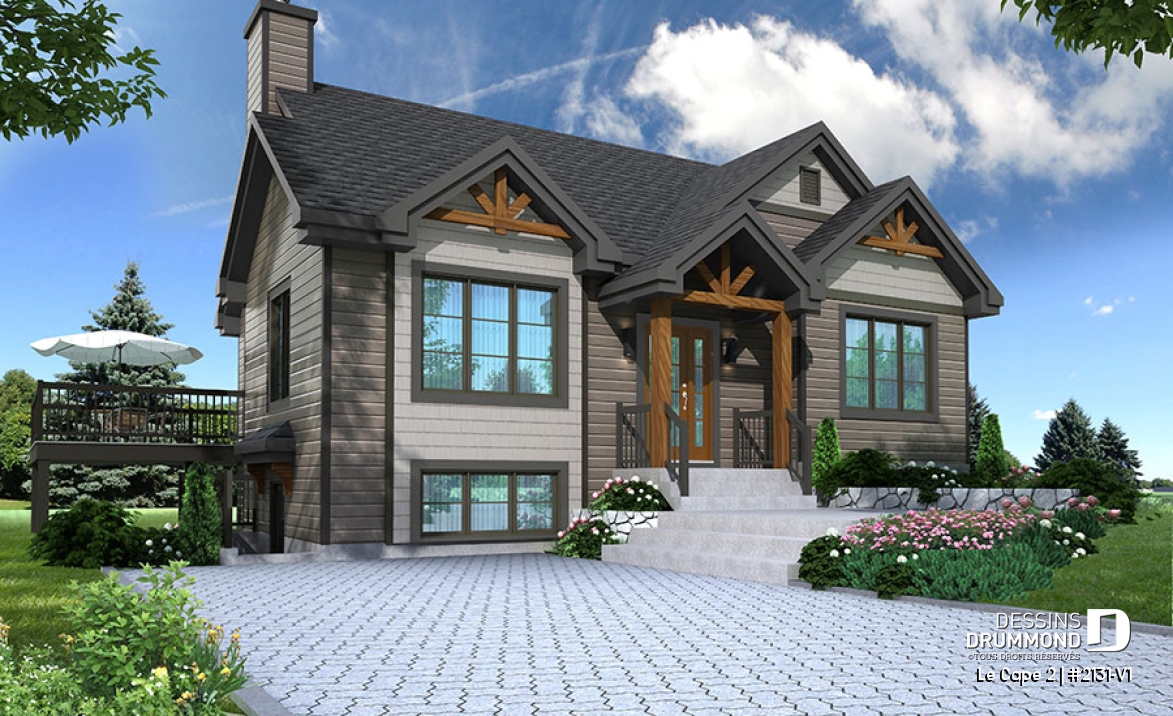 Vue avant - MODÈLE DE BASE - Plan de maison moderne rustique, aménagée sur 2 planchers, offrant 1 à 3 chambres, 2 salons, grande terrasse - Le Cape 2