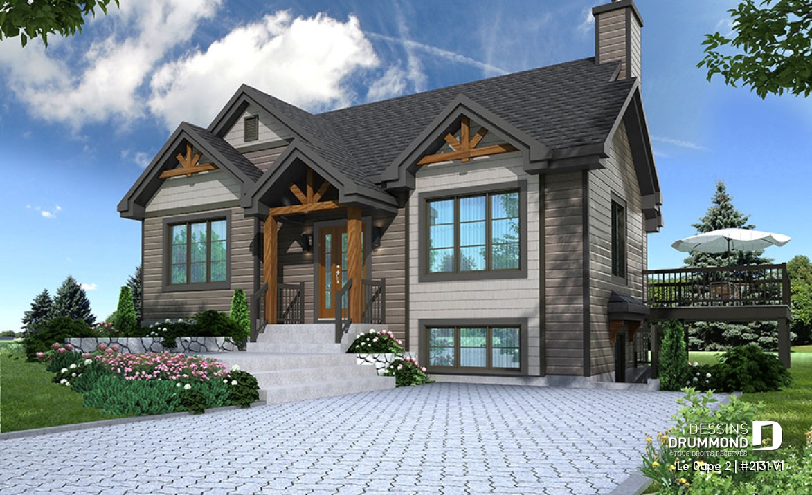 Vue avant - MODÈLE DE BASE - Plan de maison moderne rustique, aménagée sur 2 planchers, offrant 1 à 3 chambres, 2 salons, grande terrasse - Le Cape 2