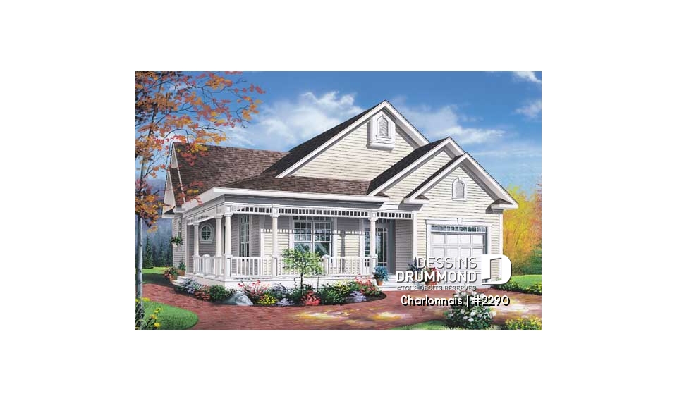 Vue avant - MODÈLE DE BASE - Maison Abordable, galerie à 2 façades, vestibule fermé, 2 chambres, garage - Charlonnais