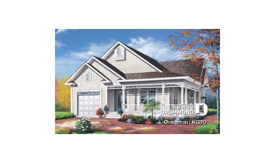 Vue avant - MODÈLE DE BASE - Maison Abordable, galerie à 2 façades, vestibule fermé, 2 chambres, garage - Charlonnais