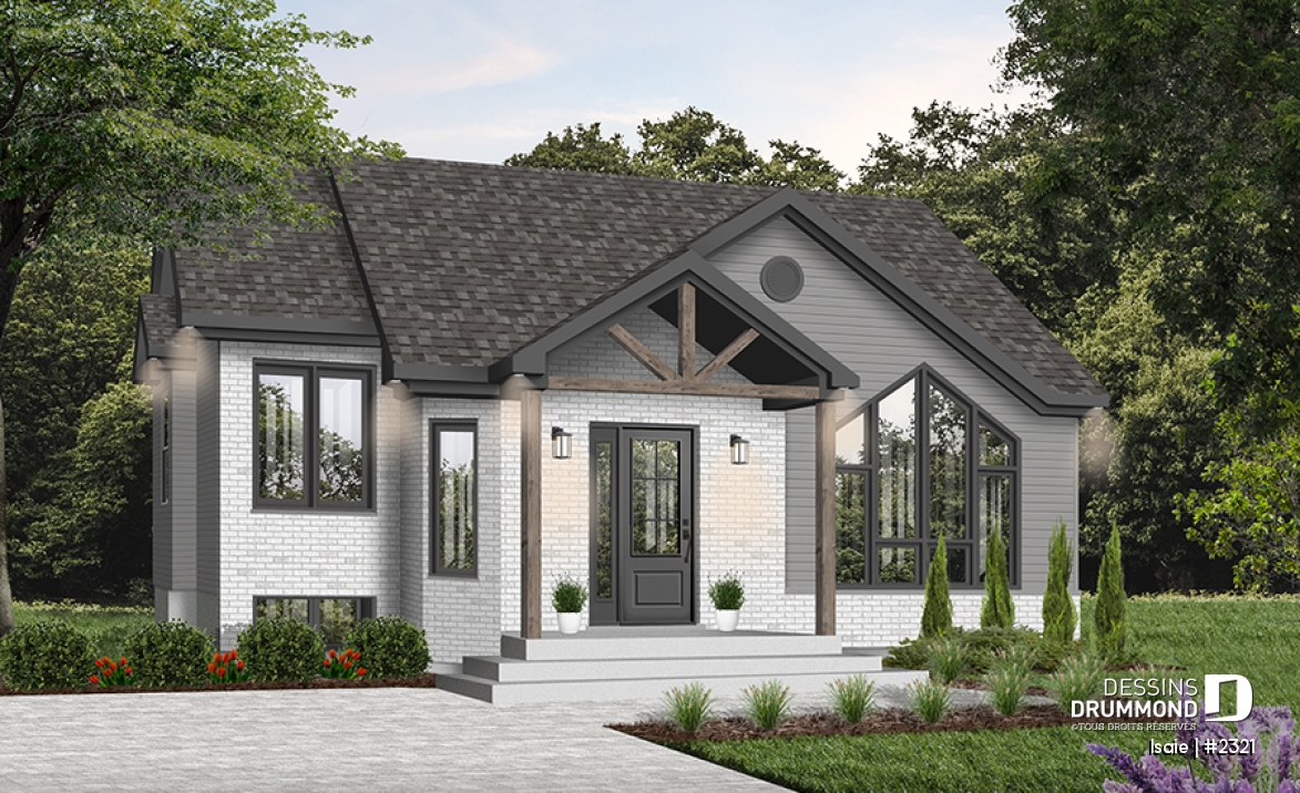 Version couleur no. 3 - Vue avant - Plan maison contemporaine 2 chambres, abordable, grand salon, salle de bain accessible de la chambre parents - Isaie
