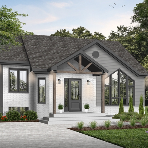 Version couleur no. 3 - Vue avant - Plan maison contemporaine 2 chambres, abordable, grand salon, salle de bain accessible de la chambre parents - Isaie