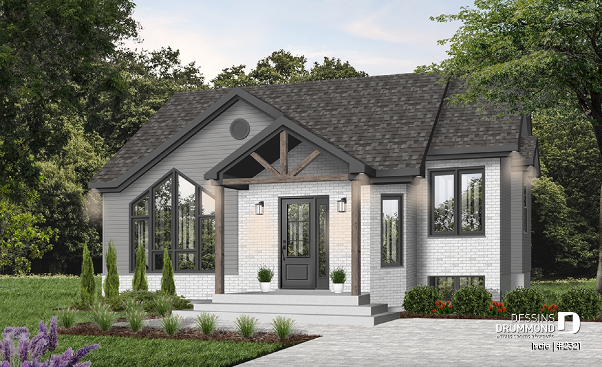 Version couleur no. 3 - Vue avant - Plan maison contemporaine 2 chambres, abordable, grand salon, salle de bain accessible de la chambre parents - Isaie