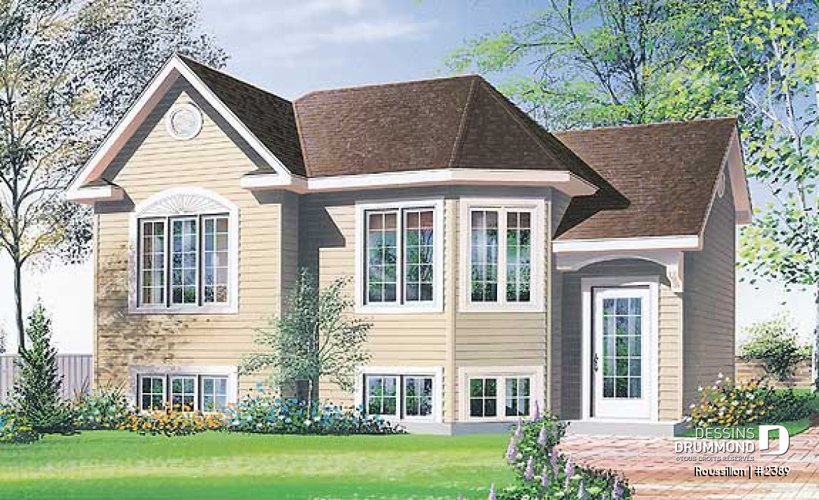 Vue avant - MODÈLE DE BASE - Plan de maison split level, 2 chambres, garde-robe à l'entrée, espace ouvert, coût abordable - Roussillon