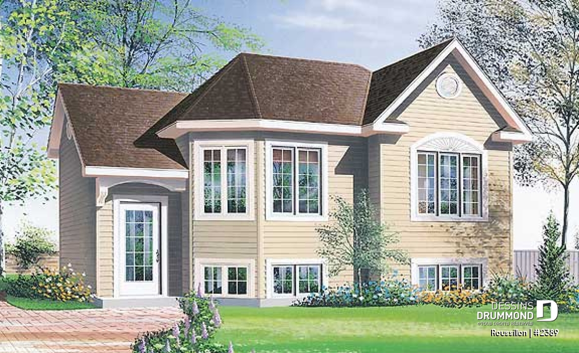 Vue avant - MODÈLE DE BASE - Plan de maison split level, 2 chambres, garde-robe à l'entrée, espace ouvert, coût abordable - Roussillon