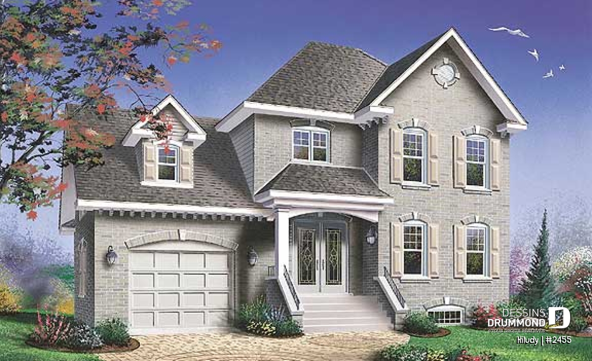 Vue avant - MODÈLE DE BASE - Maison style européenne, espace boni au-dessus du garage, 3 chambres, vestibule, grande salle bain - Kiludy