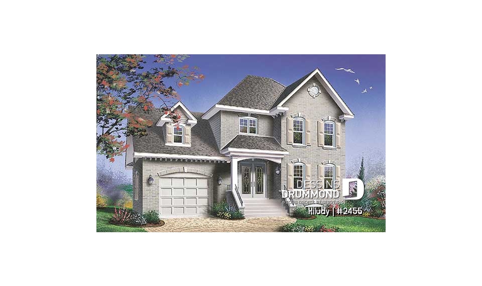 Vue avant - MODÈLE DE BASE - Maison style européenne, espace boni au-dessus du garage, 3 chambres, vestibule, grande salle bain - Kiludy