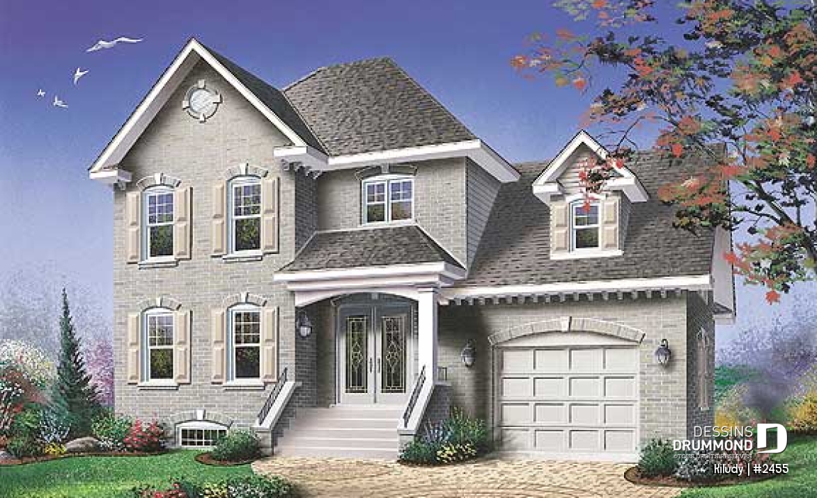 Vue avant - MODÈLE DE BASE - Maison style européenne, espace boni au-dessus du garage, 3 chambres, vestibule, grande salle bain - Kiludy