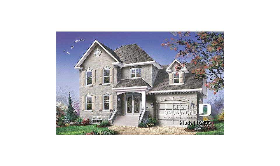 Vue avant - MODÈLE DE BASE - Maison style européenne, espace boni au-dessus du garage, 3 chambres, vestibule, grande salle bain - Kiludy