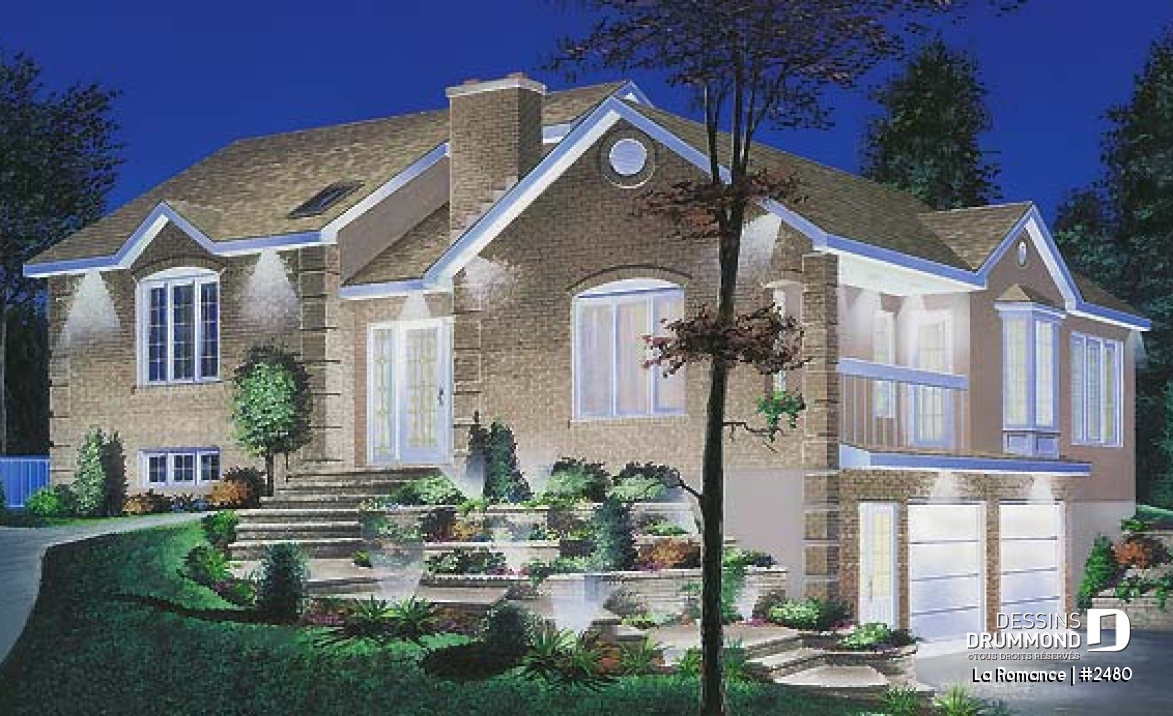 Vue avant - MODÈLE DE BASE - Plan de maison pour terrain dénivelé, garage double, 2 à 4 chambres, foyer, vestibule, 2 salons - La Romance