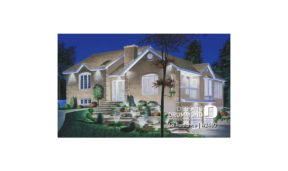 Vue avant - MODÈLE DE BASE - Plan de maison pour terrain dénivelé, garage double, 2 à 4 chambres, foyer, vestibule, 2 salons - La Romance