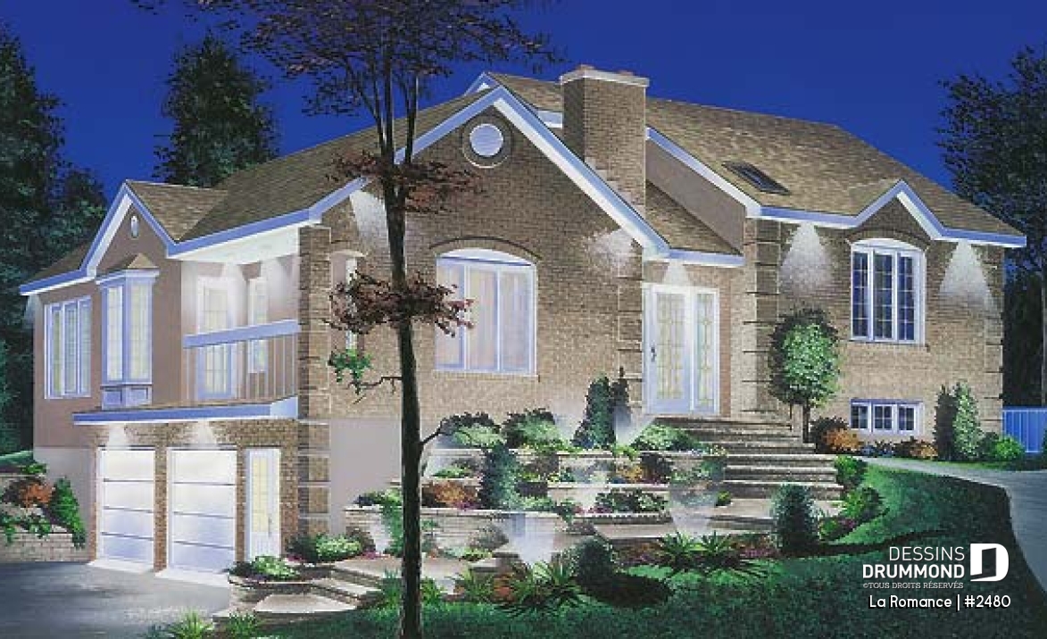 Vue avant - MODÈLE DE BASE - Plan de maison pour terrain dénivelé, garage double, 2 à 4 chambres, foyer, vestibule, 2 salons - La Romance