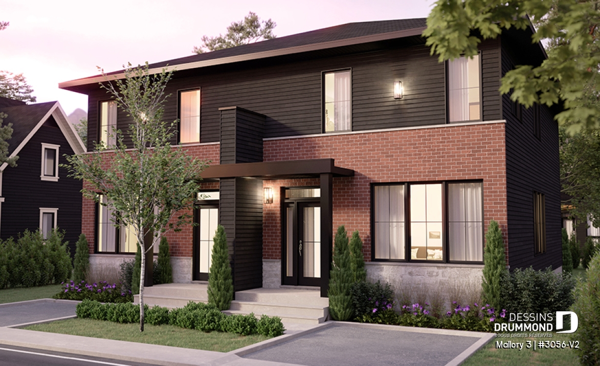 Vue avant - MODÈLE DE BASE - Plan de maison jumelée contemporaine, sous-sol aménagé optionnel ($), 3 à 4+ chambres + bureau à chaque unité - Mallory 3