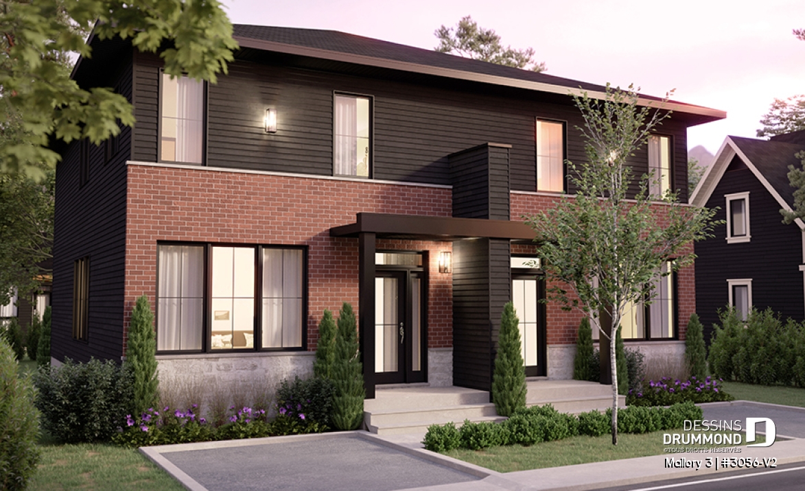 Vue avant - MODÈLE DE BASE - Plan de maison jumelée contemporaine, sous-sol aménagé optionnel ($), 3 à 4+ chambres + bureau à chaque unité - Mallory 3