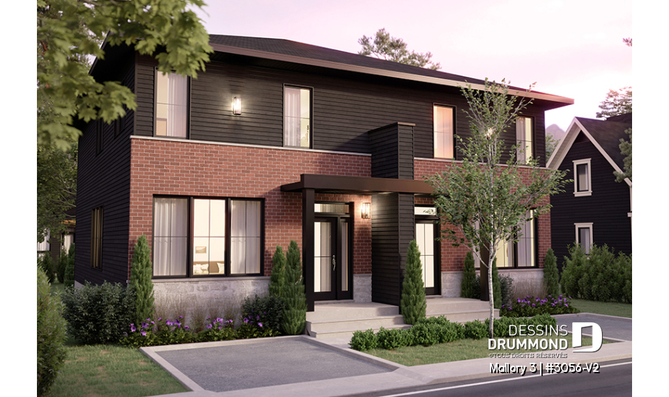 Vue avant - MODÈLE DE BASE - Plan de maison jumelée contemporaine, sous-sol aménagé optionnel ($), 3 à 4+ chambres + bureau à chaque unité - Mallory 3