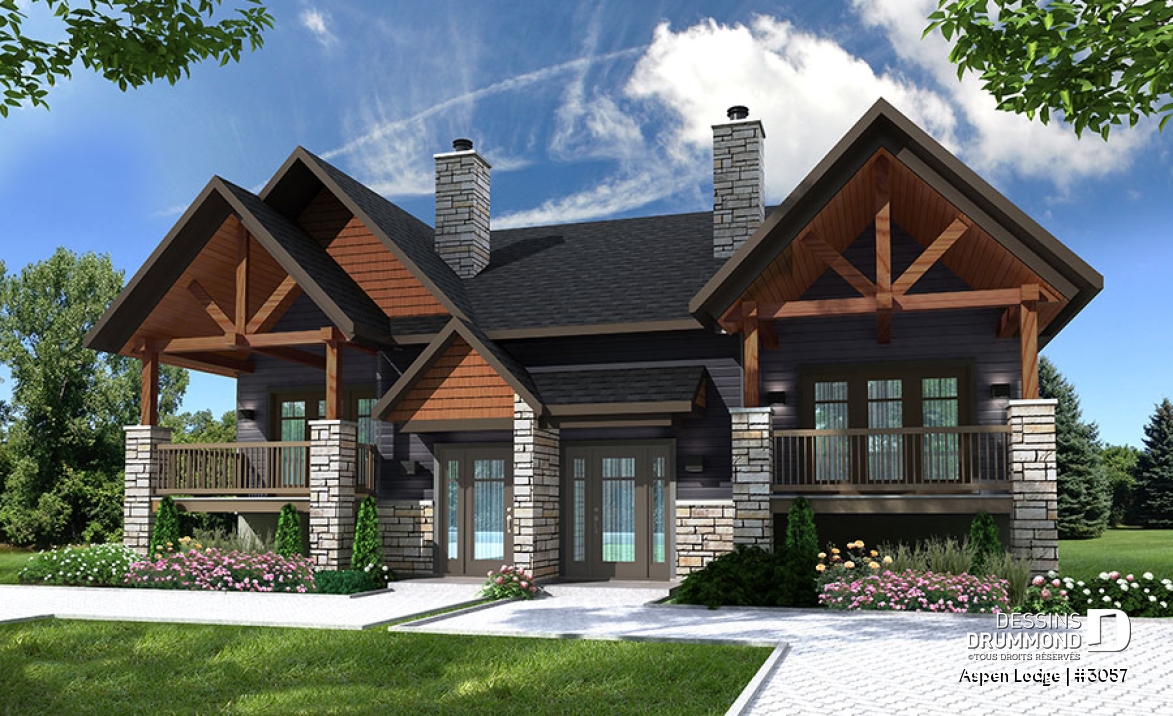 Vue avant - MODÈLE DE BASE - Plan de maison jumelée à entrée split, 3 chambres, 1.5 salles de bain par unité, grand balcon avant, poêle - Aspen Lodge