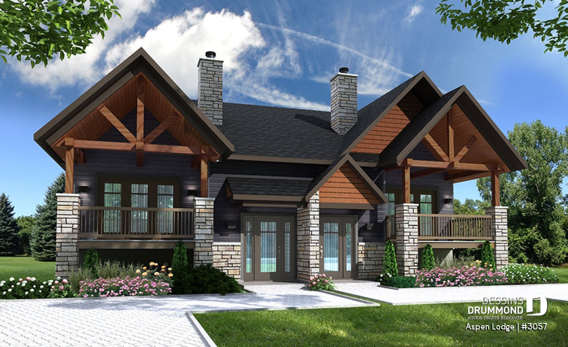 Vue avant - MODÈLE DE BASE - Plan de maison jumelée à entrée split, 3 chambres, 1.5 salles de bain par unité, grand balcon avant, poêle - Aspen Lodge