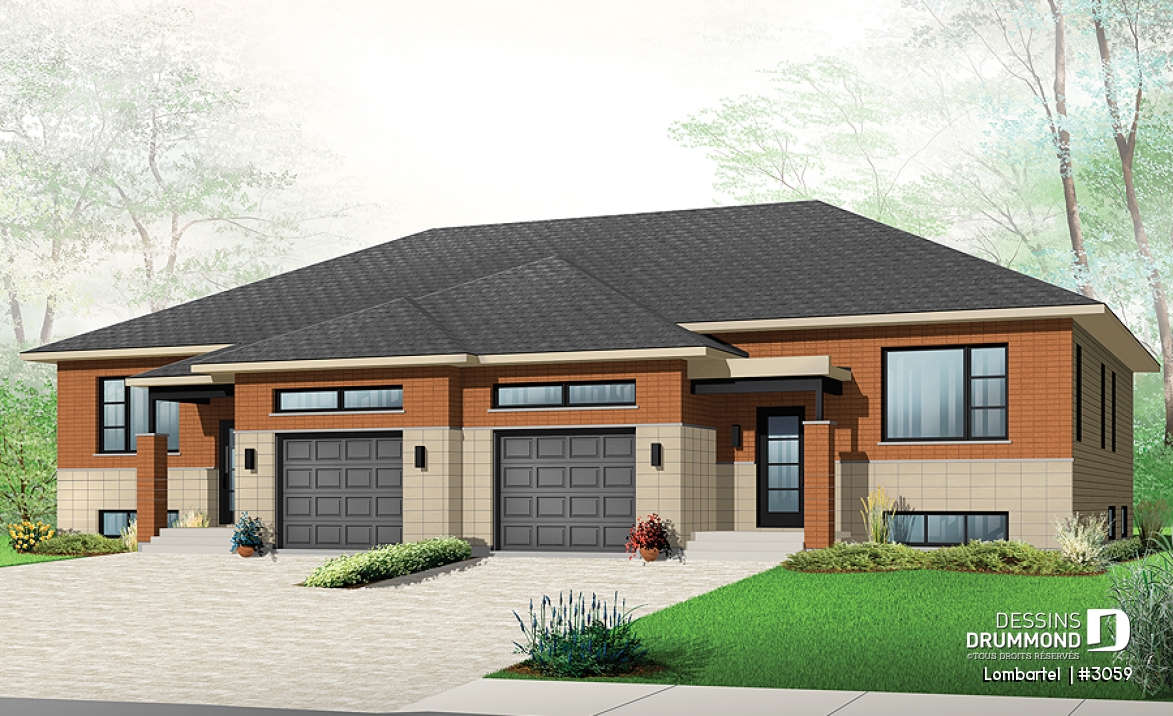 Vue avant - MODÈLE DE BASE - Plan de jumelé contemporain avec garage, 1 à 3 chambres par unité, grande douche, îlot dans la cuisine - Lombartel 