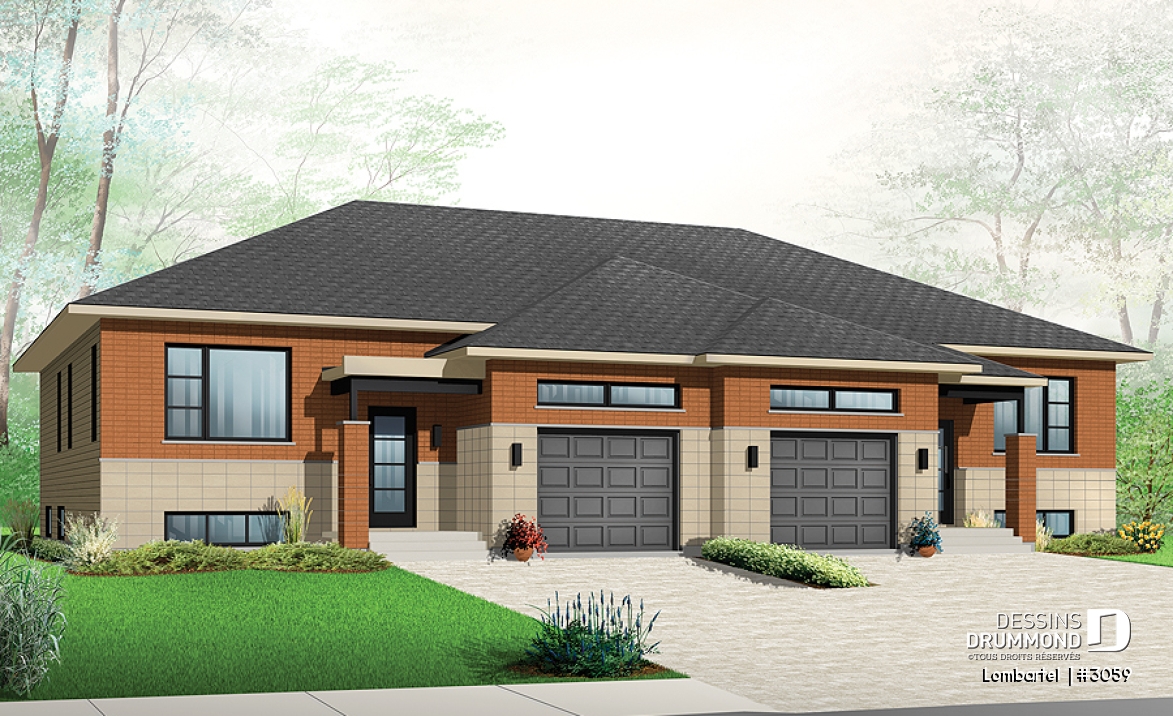 Vue avant - MODÈLE DE BASE - Plan de jumelé contemporain avec garage, 1 à 3 chambres par unité, grande douche, îlot dans la cuisine - Lombartel 